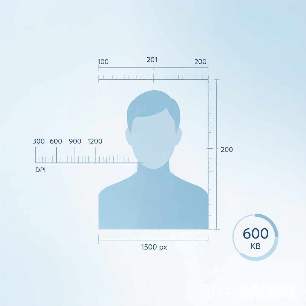 Resume photo specification diagram: dimensions, DPI scale, and file-size gauge